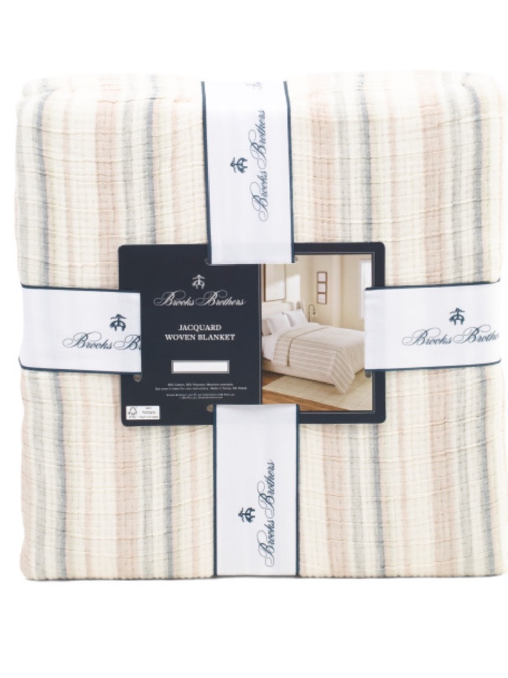Brooks Brothers Beige and Cream Striped Jacquard Woven Blanket